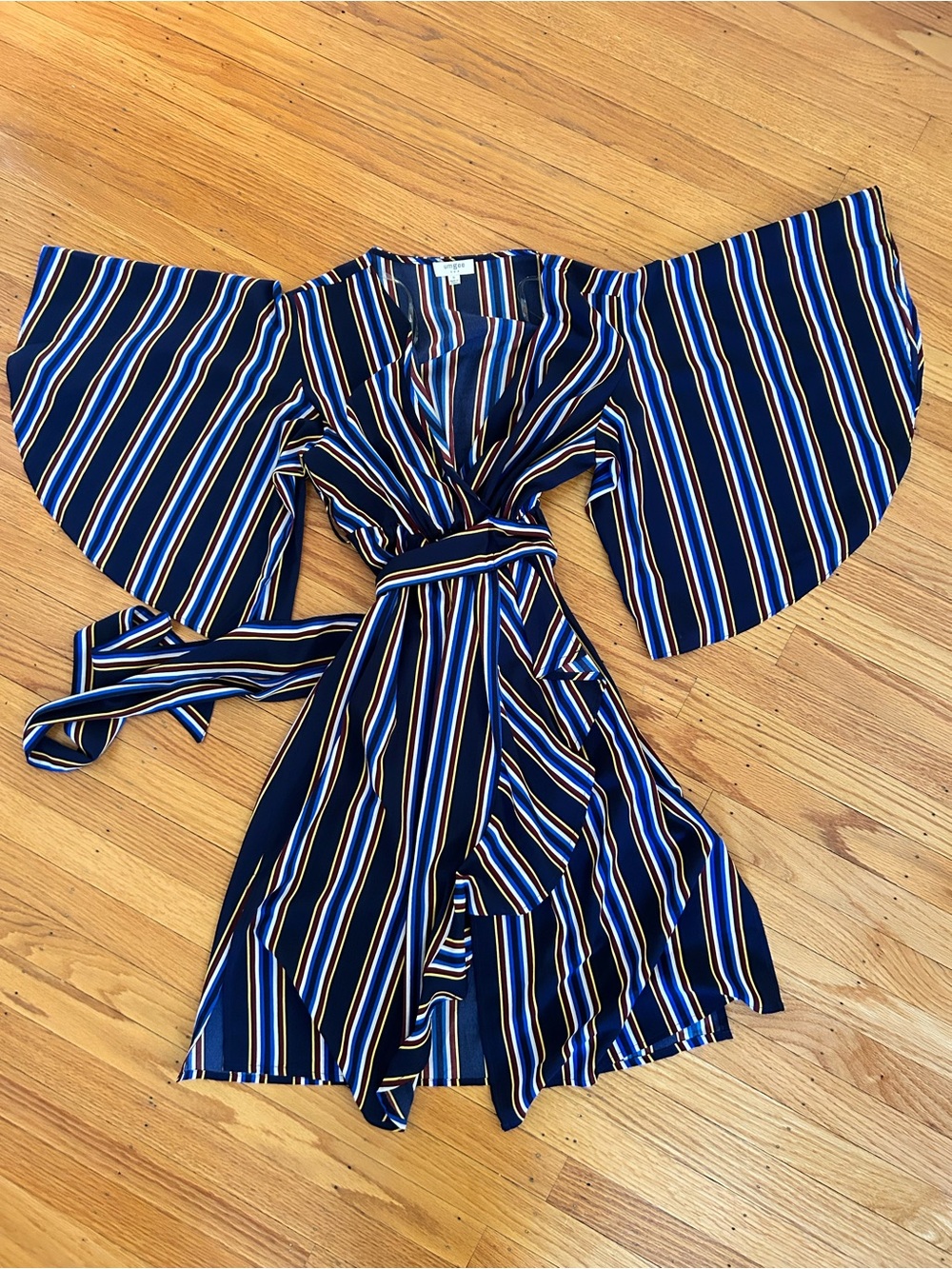 Umgee Navy, White & Gold Striped Wrap Midi Dress
